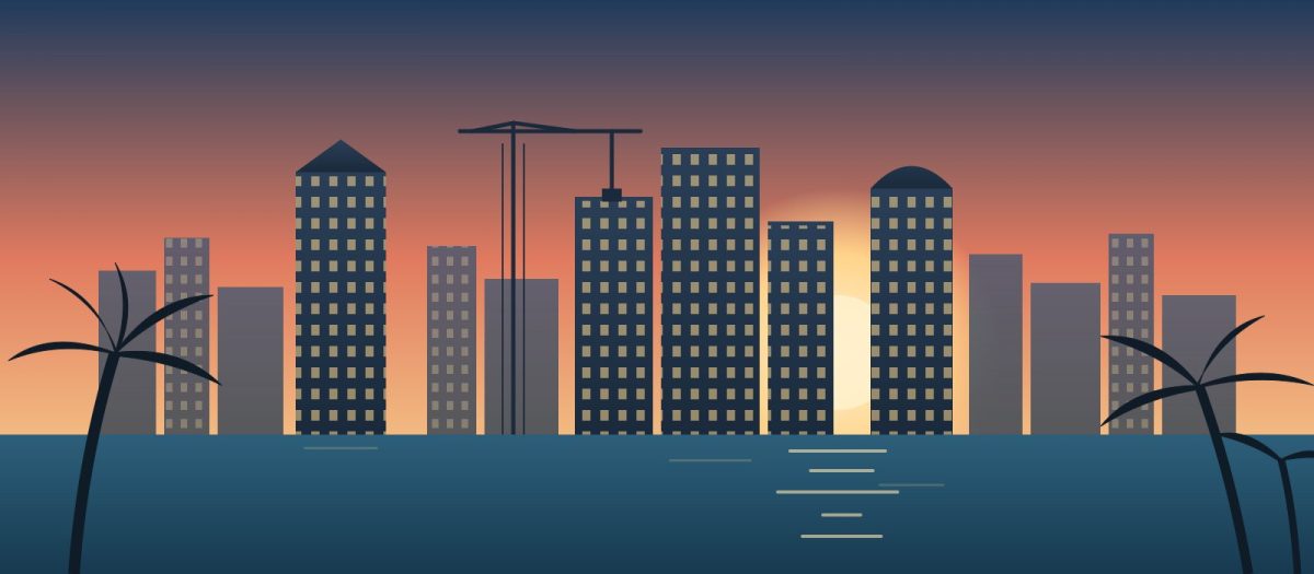 Illustrated South Florida skyline at sunset with a construction crane and palm trees